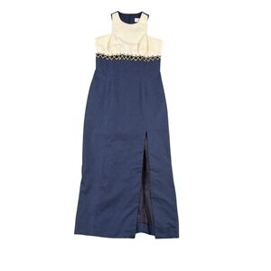 Cache Vintage Nautical Maxi Dress Navy Blue Cream Gold Lattice Cotton Size 8